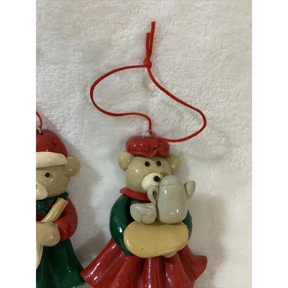 Lot Of 2 Vintage Glazed Salt Dough Type Christmas Bear Festive Holiday Ornaments